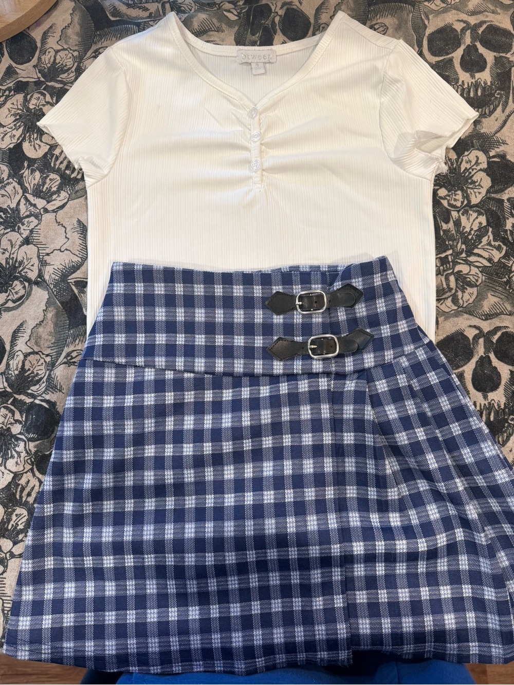 Btween Plaid Blue Buckle Skort with Shirt